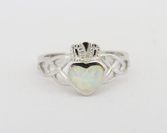 Vintage Claddagh Sterling Silver Inlay White Opal Ring Size 10