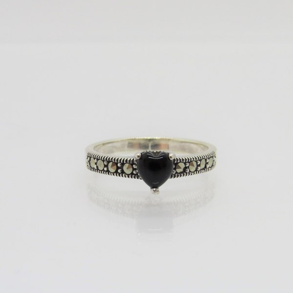 Sterling Silver Heart cut Black Onyx & Marcasite Ring