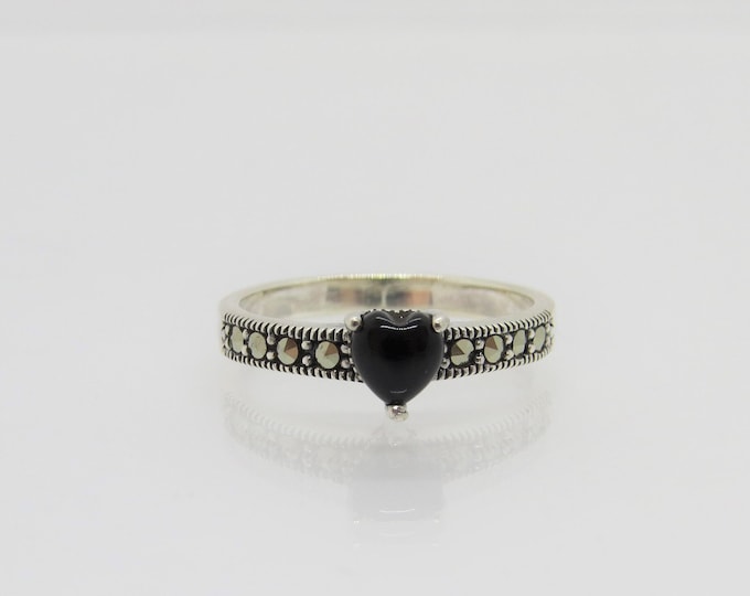 Sterling Silver Heart cut Black Onyx & Marcasite Ring