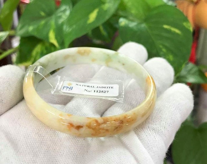 Translucent Natural Green, White, Orange Jadeite Jade Vintage Bangle Bracelet 56.2MM