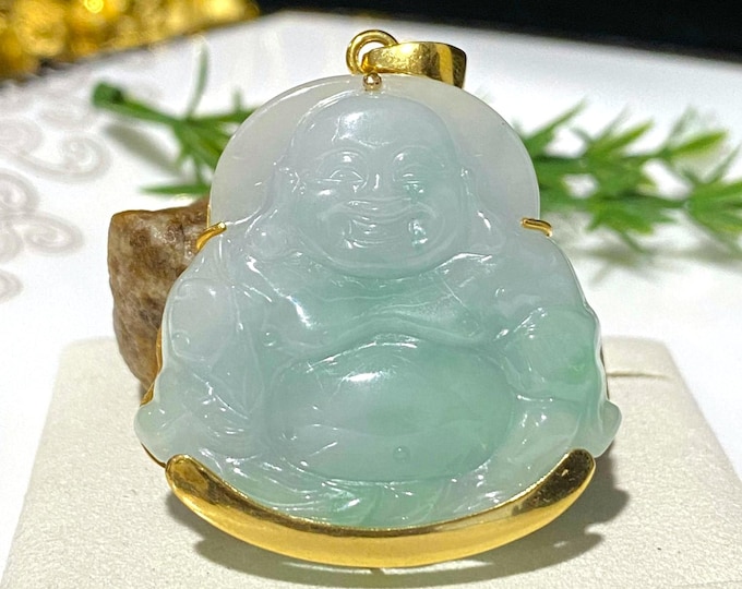 Vintage 18K Solid Yellow Gold Light Green, White Jadeite Jade Laughing Buddha Pendant