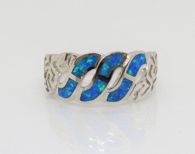 Vintage Sterling Silver Blue Opal Filigree Dome Ring Size 9