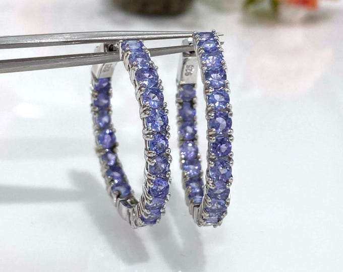 Vintage Sterling Silver Round cut Tanzanite Hoop Earrings 29MM