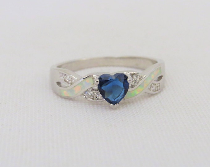 Vintage Sterling Silver Blue Sapphire, White Topaz & Opal Twisted Ring Size 7