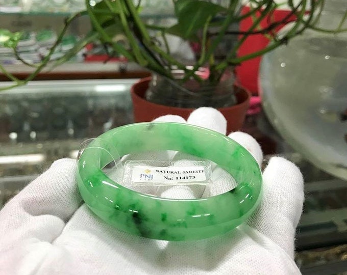 Vintage Translucent Natural Floral Green, White Jadeite Jade Bangle Bracelet 54.7MM