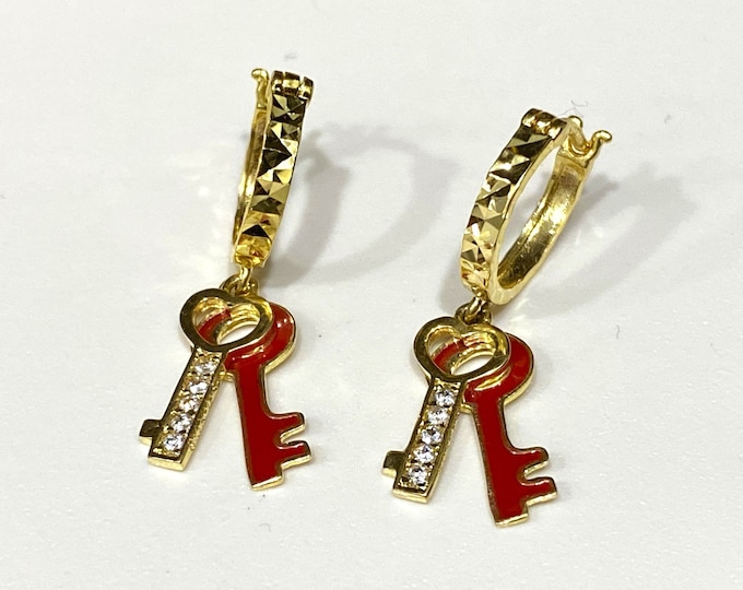 18K Solid Yellow Gold White Topaz & Red Enamel Key Vintage Earrings.