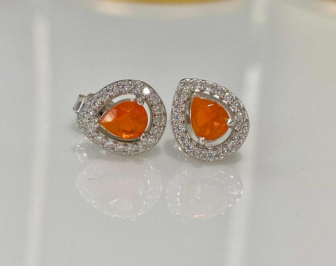 Vintage Sterling Silver Natural Orange Fire Opal & White Topaz Earrings.