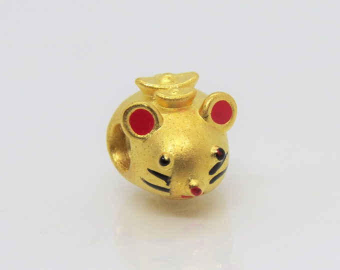 Vintage Pure 24K 9999 Gold Enamel Rat, Mouse Charm Bead Pendant Make for Bracelet