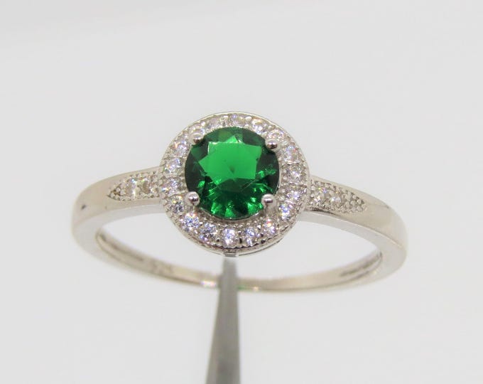 Vintage Sterling Silver Emerald & White Topaz Halo Ring Size 8