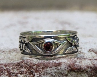 Sterling Silver Ruby Eye Rose Flower Band Ring.