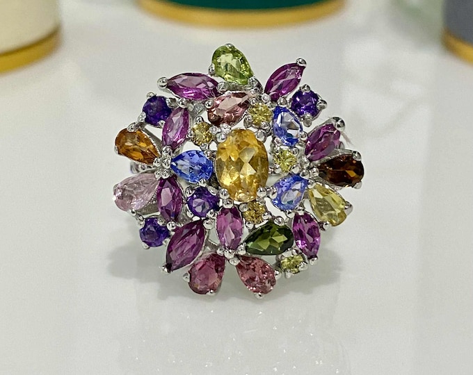 Vintage Sterling Silver Gemstone Ring Citrine, Rhodolite, Tanzanite & Tourmaline- Size 9