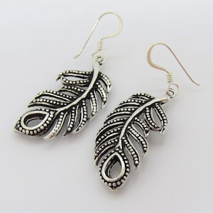 Vintage Sterling Silver Feather Leaf Dangle Earrings