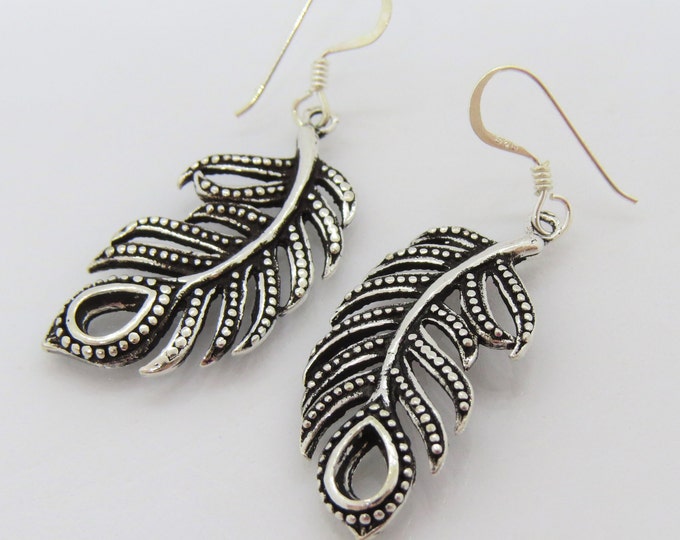 Vintage Sterling Silver Feather Leaf Dangle Earrings