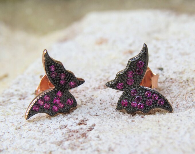 Vintage Sterling Silver Rose Gold Plated Ruby Butterfly Earrings.
