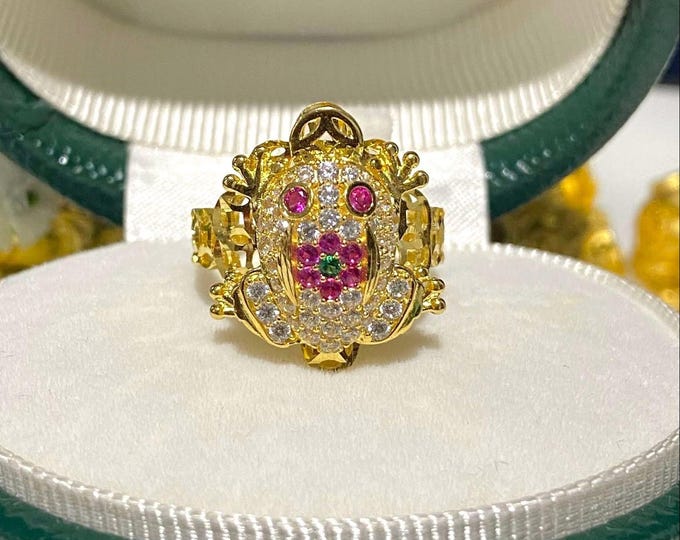 Vintage 15K 610 Solid Yellow Gold Ruby, Emerald & White Topaz Ruby Eye's Frog Ring Size 7.5