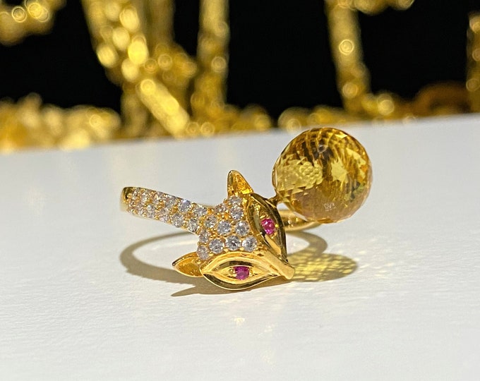 Vintage 18K Solid Yellow Gold Citrine & White Topaz, Ruby FOX Ring Size 6.5