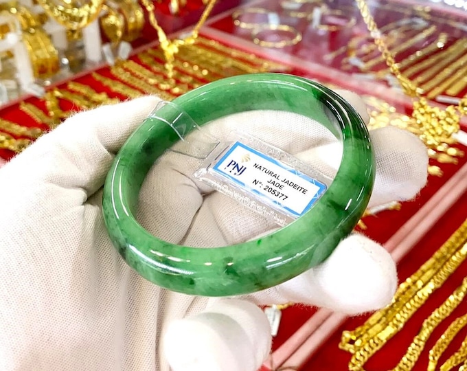 Vintage Translucent Natural Green, Black Jadeite Jade Bangle Bracelet 66.9MM