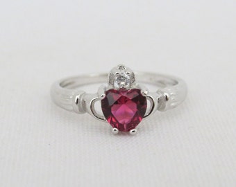 Vintage Claddagh Sterling Silver Ruby & White Topaz Ring Size 7