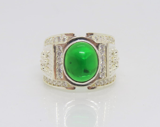 Vintage Sterling Silve Emerald & White Topaz Dome Ring Size 8.5