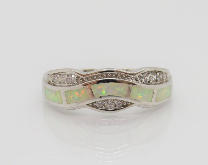 Vintage Sterling Silver Fire Opal & White Topaz Band Ring Size 7