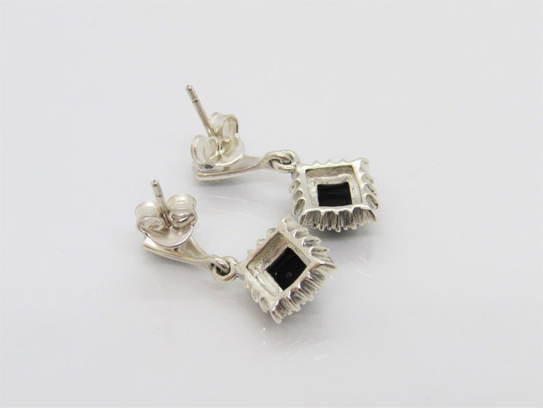 Vintage Sterling Silver Square Cut Black Onyx /& Marcasite Drop Earrings