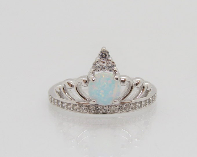 Vintage Sterling Silver White Opal & White Topaz Crown Ring Size 8