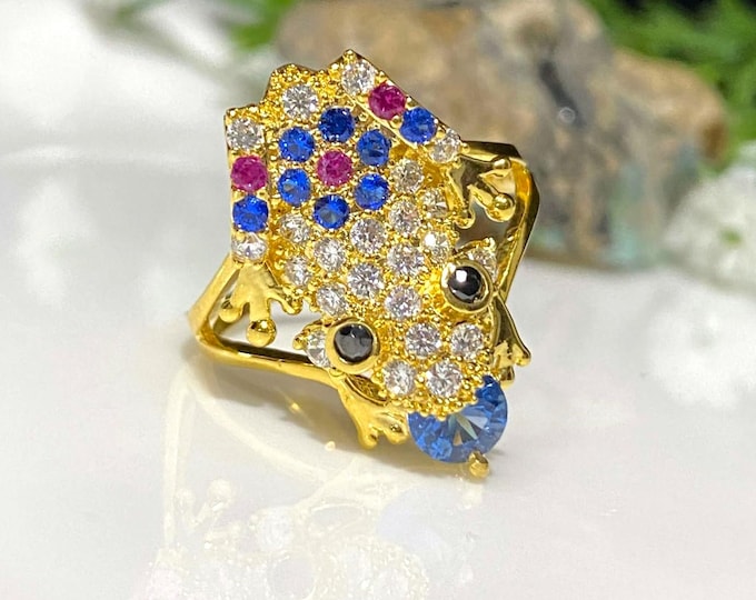 Vintage 15K 610 Solid Yellow Gold Blue Sapphire, Ruby & White Topaz Black Sapphire Eye's Frog Ring Size 9