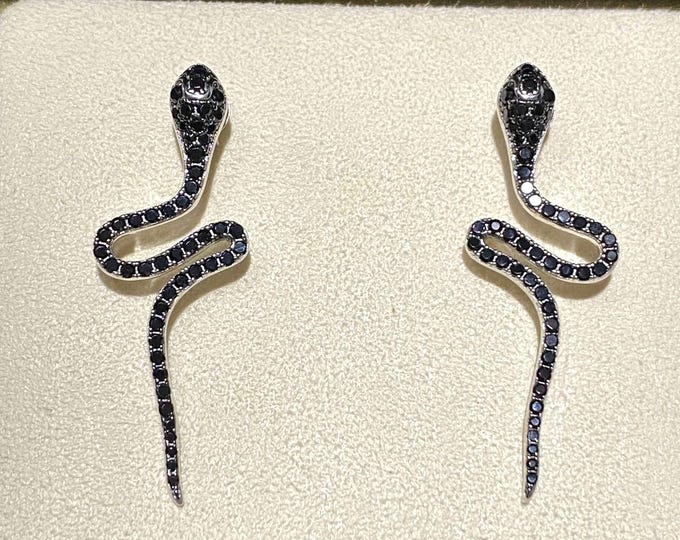 Vintage Sterling Silver Black Sapphire Snake Earrings