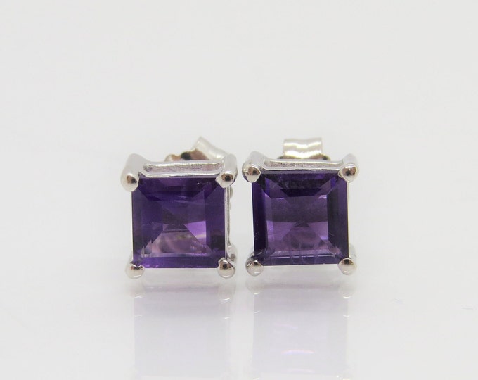 Vintage Sterling Silver 2.25ct Natural Square cut Amethyst Stud Earrings