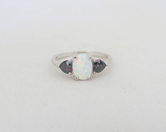Vintage Sterling Silver White Opal & Mystic Topaz Ring Size 7