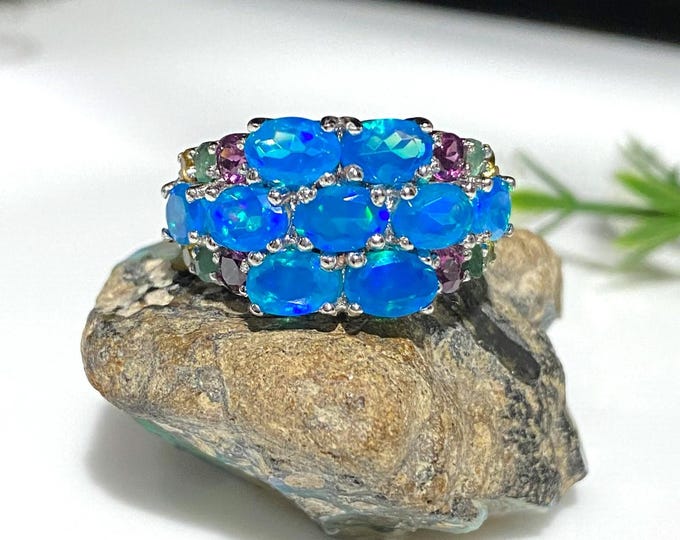 Vintage Sterling Silver Natural Fire Blue Opal, Emerald,Yellow Sapphire & Rhodolite Ring Size 8
