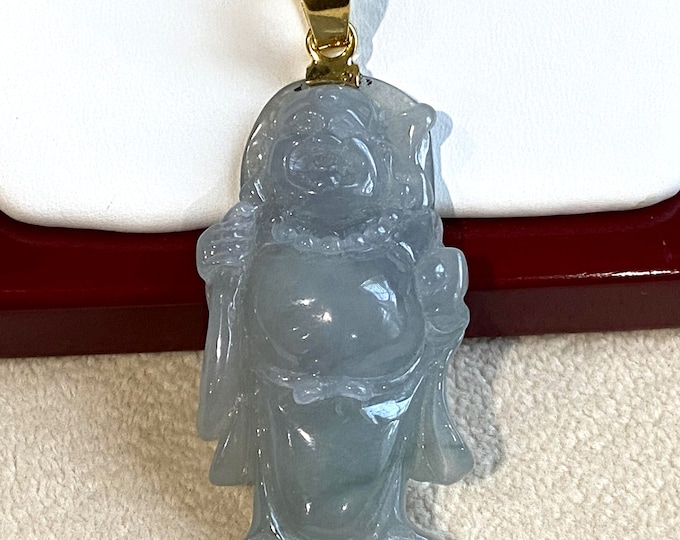 Vintage 18K Solid Yellow Gold Green, Lavender, Greyish Jadeite Jade Laughing Buddha Happy Buddha Pendant
