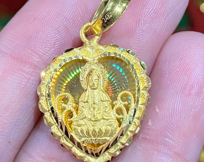 Vintage 24K 980 Pure Gold Kwan-yin Guan Yin Buddha Diamond cut Pendant