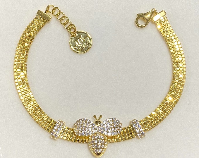 Vintage 15K 610 Solid Yellow Gold White Topaz Bee Link Bracelet 6 3/4''