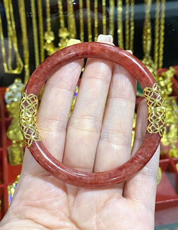 Vintage 18K Solid Gold Translucent Red Jadeite Ja… - image 2