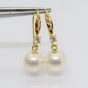 18K Solid Yellow Gold White Pearl & White Topaz Vintage Dangle Earrings 10MM