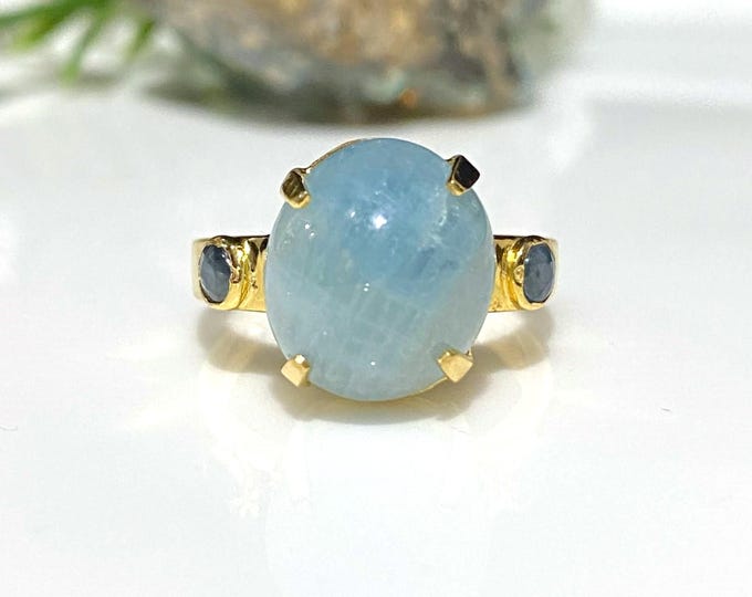 Vintage 14K Solid Yellow Gold 6.55ct Natural Oval Aquamarine & Blue Sapphire Ring Size 7.