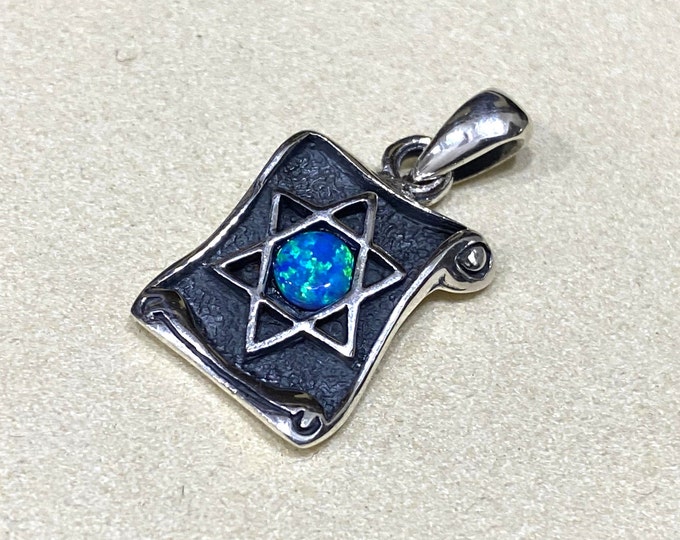 Sterling Silver Blue Opal Jewish Star on Scroll Pendant.