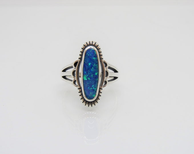 Vintage Sterling Silver Blue Opal Dome Ring Size 7