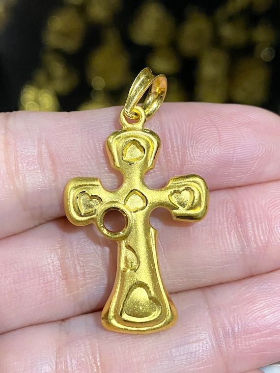 ヴィンテージ 24K 9999 純金ハートクロスペンダント。 - Etsy 日本
