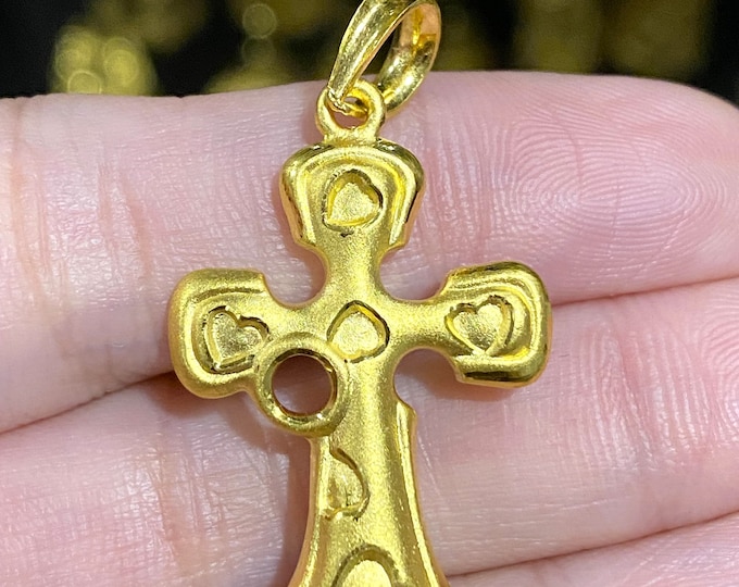 Vintage 24K 9999 Pure Gold Hearts Cross Pendant.