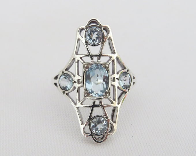 Vintage Sterling Silver Natural Aquamarine Long Ring Size 10