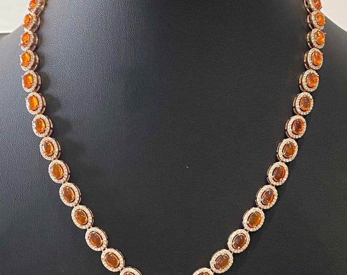 Vintage Rose Gold Plated Sterling Silver Opal White Topaz Necklace 18''.