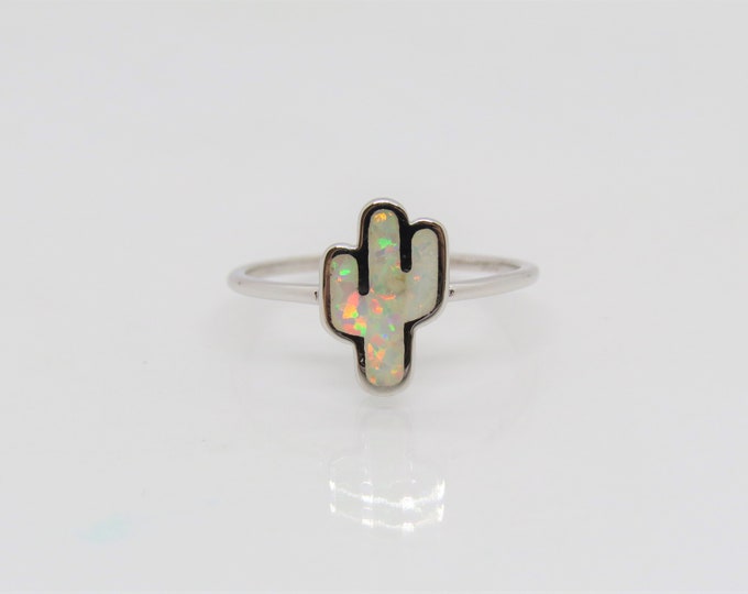 Vintage Sterling Silver Fire Opal Cactus Thin Band Ring Size 7.25