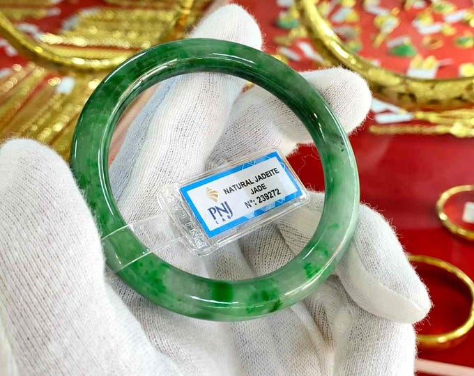 Vintage Translucent Natural Green, Black Jadeite Jade Bangle Bracelet 54.1MM