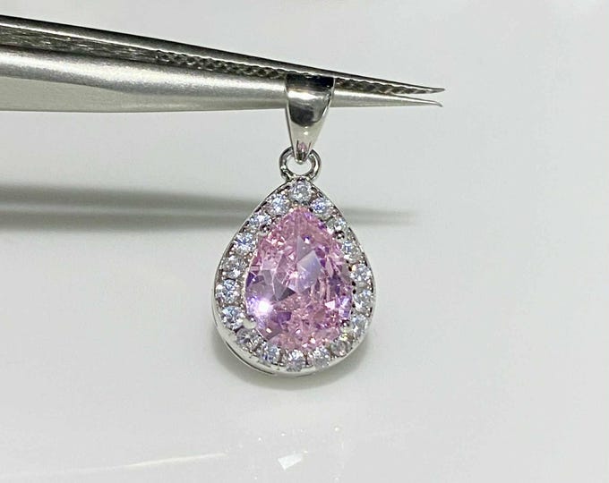 Vintage Sterling Silver Pear cut Pink Sapphire & White Topaz Pendant