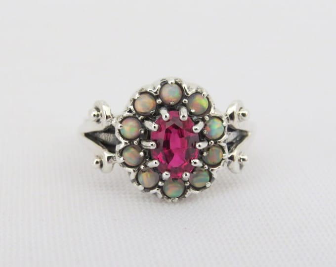 Vintage Sterling Silver Ruby & Opal Cluster Ring Size 6