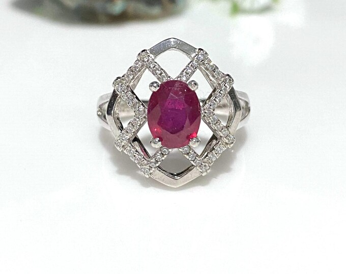 Vintage Sterling Silver 1.21cts Natural Ruby & White Topaz Ring Size 7