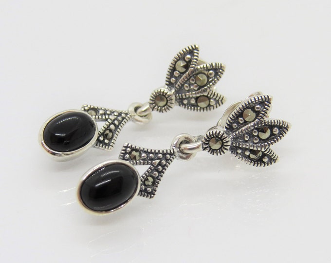 Vintage Sterling Silver Oval Cut Black Onyx & Marcasite Earrings