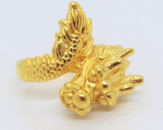 24K 9999 Pure Gold 3D Luck, Wealth Dragon Vintage Ring Size 7,8